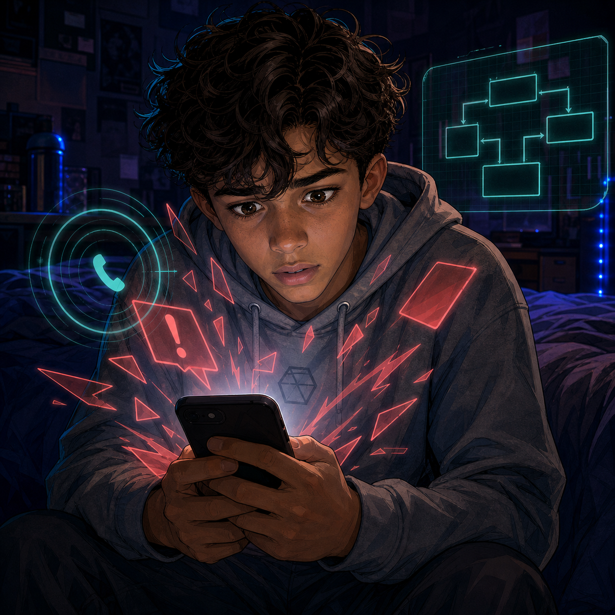 Kai checks his phone as the case breaks